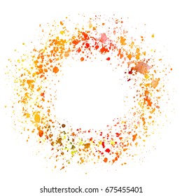 An abstract vector and watercolor texture, made up by golden yellow and red splashes of paint on white background, an autumnal frame with a place for text
