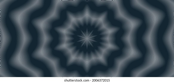 Abstract vector wave background made with linear Moire, op art effect surreal texture, sound and music waves theme, black and white grid abstraction.