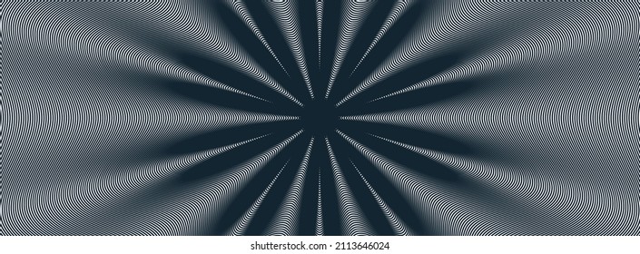 Abstract vector wave background made with linear Moire, op art effect surreal texture, sound and music waves theme, black and white grid abstraction.