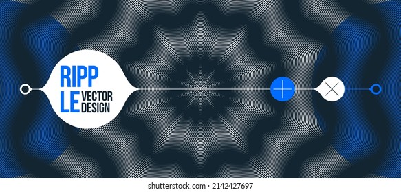 Abstract vector wave background made with linear Moire, op art effect surreal texture, sound and music waves theme, black and white grid abstraction.