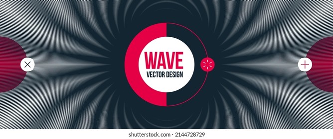 Abstract vector wave background made with linear Moire, op art effect surreal texture, sound and music waves theme, black and white grid abstraction.