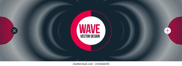 Abstract vector wave background made with linear Moire, op art effect surreal texture, sound and music waves theme, black and white grid abstraction.