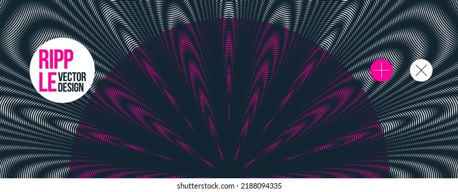 Abstract vector wave background made with linear Moire, op art effect surreal texture, sound and music waves theme, black and white grid abstraction.