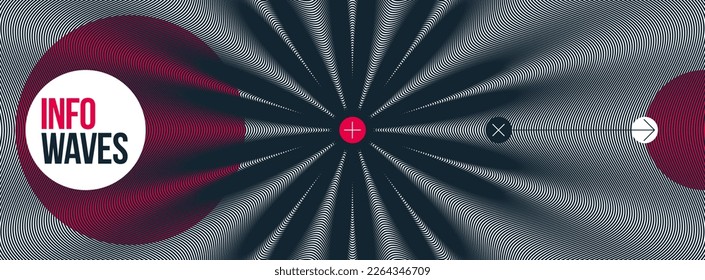 Abstract vector wave background made with linear Moire, op art effect surreal texture, sound and music waves theme, black and white grid abstraction.