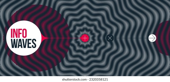 Abstract vector wave background made with linear Moire, op art effect surreal texture, sound and music waves theme, black and white grid abstraction.