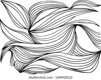 Abstract vector wave background of plants drawn lines.Illustration for coloring. Design for spiritual relaxation 
for adults. Black and white wallpaper.