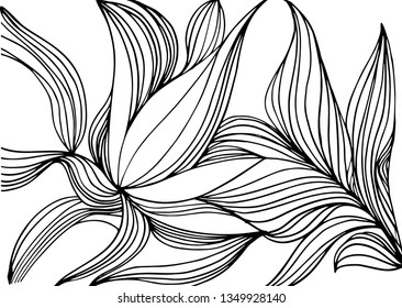 Abstract vector wave background of plants drawn lines.Illustration for coloring. Design for spiritual relaxation 
for adults. Black and white wallpaper.