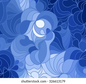 Abstract vector wave blue background of white doodle hand drawn lines