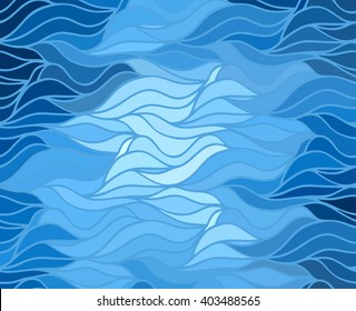Abstract vector wave blue background of doodle hand drawn lines. Colorful floral pattern. 