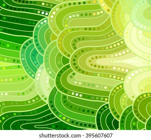 Abstract vector wave green background of doodle drawn lines. Colorful floral pattern.