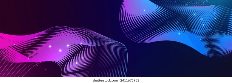 Resumen de la línea de onda vectorial que fluye el color de gradiente azul y rosa púrpura aislado en el fondo negro para elementos de diseño en tecnología conceptual, música, ciencia, A.I, banner tecnológico