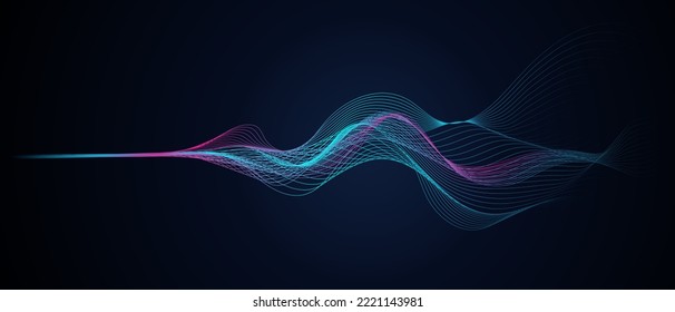 Abstract vector wave lines flowing dynamic in liquid glitch effect isolated on dark blue background for concept of AI technology, digital, communication, science, music, vaporwave, synthwave shapes.