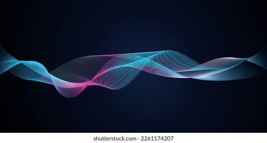 Abstract vector wave lines flowing dynamic in liquid glitch effect isolated on dark blue background for concept of AI technology, digital, communication, science, music, vaporwave, synthwave shapes.