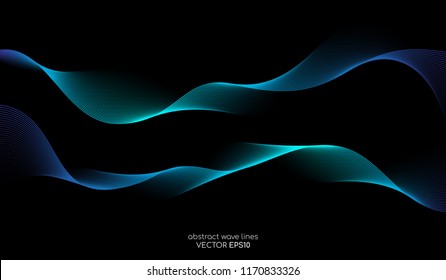 Abstract vector wave lines green and blue colors isolated on black background for design elements in concept technology, modern, science.