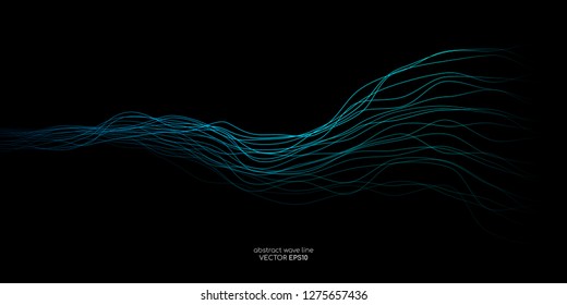 Abstrakte Vektorwellenlinien, grün und blaue Farben einzeln auf schwarzem Hintergrund für Design-Elemente in Concept-Technologie, modern, Wissenschaft. A.I.