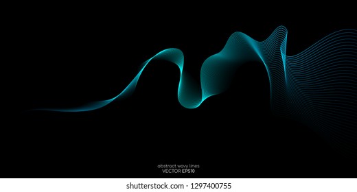 Abstract vector wave lines green and blue colors isolated on black background for design elements in concept technology, modern, science, AI