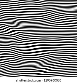 Abstract vector wave stripes. Black and white striped background. Geometric pattern with visual distortion effect. Optical illusion. Curved lines. Op art.