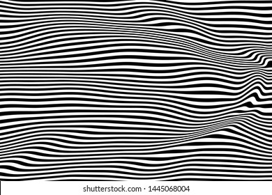 Abstract vector wave stripes. Black and white striped background. Geometric pattern with visual distortion effect. Optical illusion. Curved lines. Op art.