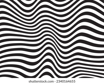 Abstract vector wave stripes. Black and white striped background. Geometric pattern with visual distortion effect. Optical illusion. Curved lines. Op art.