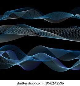 Abstract vector waves on a black background. An example of a background with waves for design and advertising.
