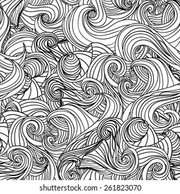 Abstract vector waves repeating seamless pattern in black and white colors. Hand drawn decorative background, print for clothes, fabric, cover, card, poster.