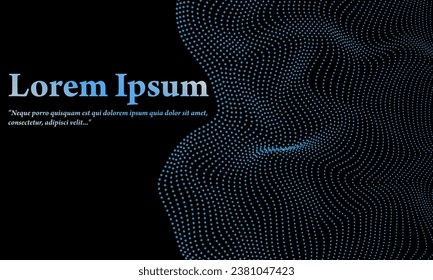 Abstract vector wavy dotted lines flowing smooth curve with a blue color on a black background with space for text, technology, science, music, modern.