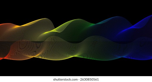 Abstract vector wavy lines in colorful rainbow frame isolated on black background with empty space for text