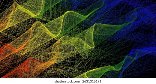 Abstract vector wavy lines in colorful rainbow frame isolated on black background with empty space for text