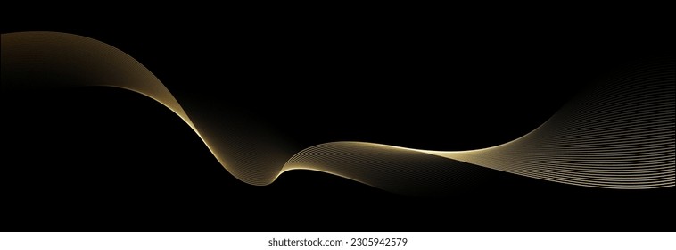 Abstract vector wavy lines flowing smooth curve gold gradient color on black background in concept of luxury, technology, science, music, modern.