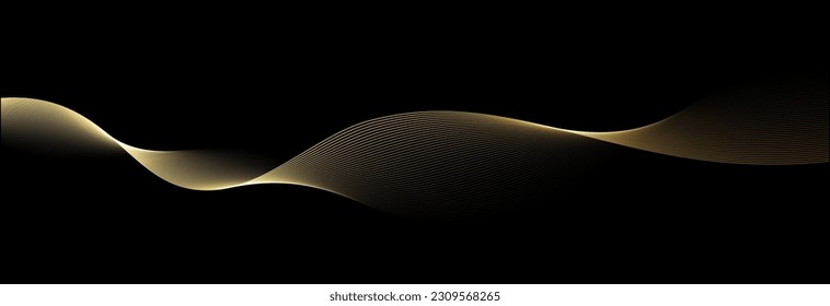 Abstract vector wavy lines flowing smooth curve gold gradient color on black background in concept of luxury, technology, science, music, modern.