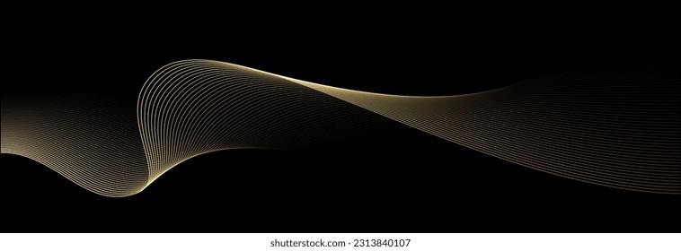 Abstract vector wavy lines flowing smooth curve gold gradient color on black background in concept of luxury, technology, science, music, modern.