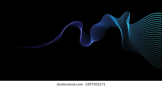 Resumen de líneas onduladas vectoriales que fluyen en la curva suave color de gradiente de luz verde azul sobre fondo negro en concepto de tecnología, ciencia, música, moderno.