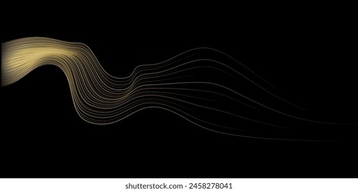 Abstract vector wavy lines flowing smooth curve gold gradient color on black background in concept of luxury, technology, science, music, modern.