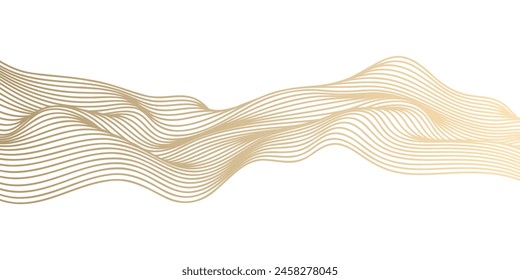 Abstract vector wavy lines flowing smooth curve gold gradient color on transparent background in concept of luxury, technology, science, music, modern.