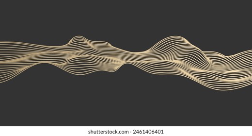 Abstract vector wavy lines flowing smooth curve gold gradient color on black background in concept of luxury, technology, science, music, modern.