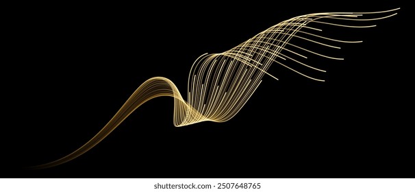 Abstract vector wavy lines flowing smooth curve gold gradient color on black background in concept of luxury, technology, science, music, modern.