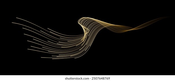 Líneas onduladas de Vector Abstractas que fluyen color de gradiente de oro de curva lisa sobre fondo negro en concepto de lujo, tecnología, ciencia, música, moderno.