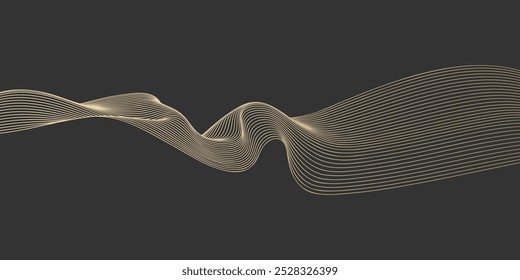 Vetor abstrato linhas onduladas fluindo suave curva cor gradiente de ouro sobre fundo preto no conceito de luxo, tecnologia, ciência, música, moderno.