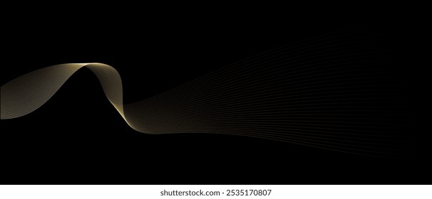 Abstract vector wavy lines flowing smooth curve gold gradient light color on black background in concept of luxury, technology, science, music, modern.