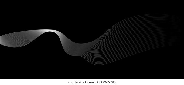 Abstract vector wavy lines flowing smooth curve white grey light color on black background in concept of luxury, technology, science, music, modern.