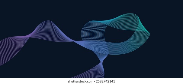 Abstract vector wavy lines flowing smooth curve blue green gradient color on dark blue background. Suit for poster, banner, brochure, cover, website, flyer. Vector illustration	