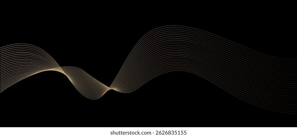 Abstract vector wavy lines flowing smooth curve gold gradient light color on black background. Futuristic technology concept. Suit for poster, banner, brochure, cover, website, flyer	