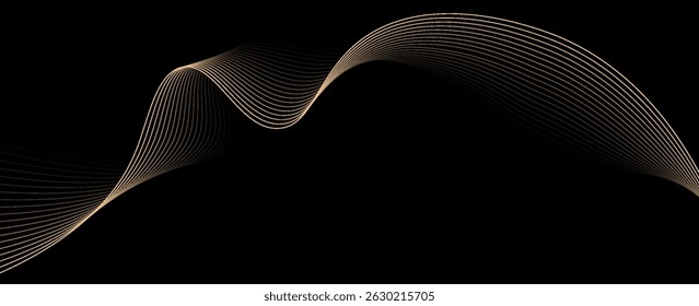 Vetor abstrato linhas onduladas fluindo suave curva cor gradiente de ouro no fundo preto no conceito de luxo, tecnologia, ciência, música, moderno. eps 10
