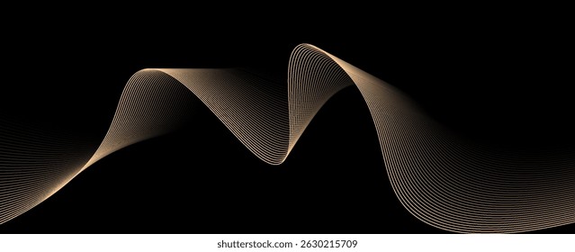 Abstract vector wavy lines flowing smooth curve gold gradient color on black background in concept of luxury, technology, science, music, modern. eps 10