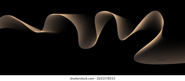Abstract vector wavy lines flowing smooth curve gold gradient color on black background in concept of luxury, technology, science, music, modern. eps 10