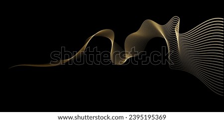 Abstract vector wavy lines flowing smooth curve gold gradient color on black background in concept of luxury, technology, science, music, modern.