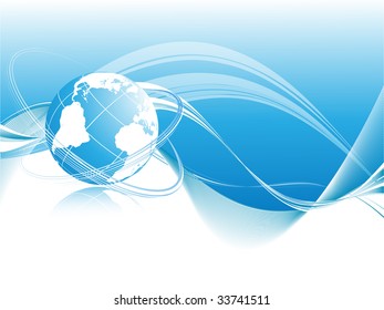 abstract vector wavy lines with globe and copy space for your text