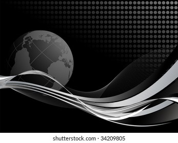 abstract vector wavy lines with globe and copy space for your text