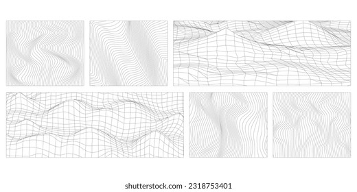 Abstract Vector wavy lines on a white background. Set of Geometric dynamic waves. 3D technology wireframe, abstract mountain landscape. Distorted wireframe elements. Geometric surface grid.