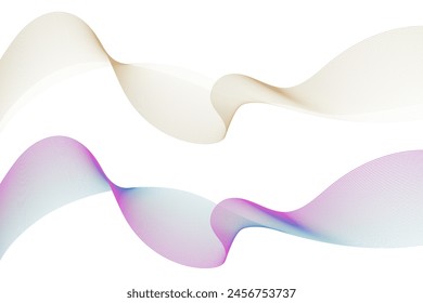 Abstract vector wavy lines with a smooth curve, in a gold and magenta-blue gradient color, flow on a transparent background. This design fits for luxury, technology, science, and music concept